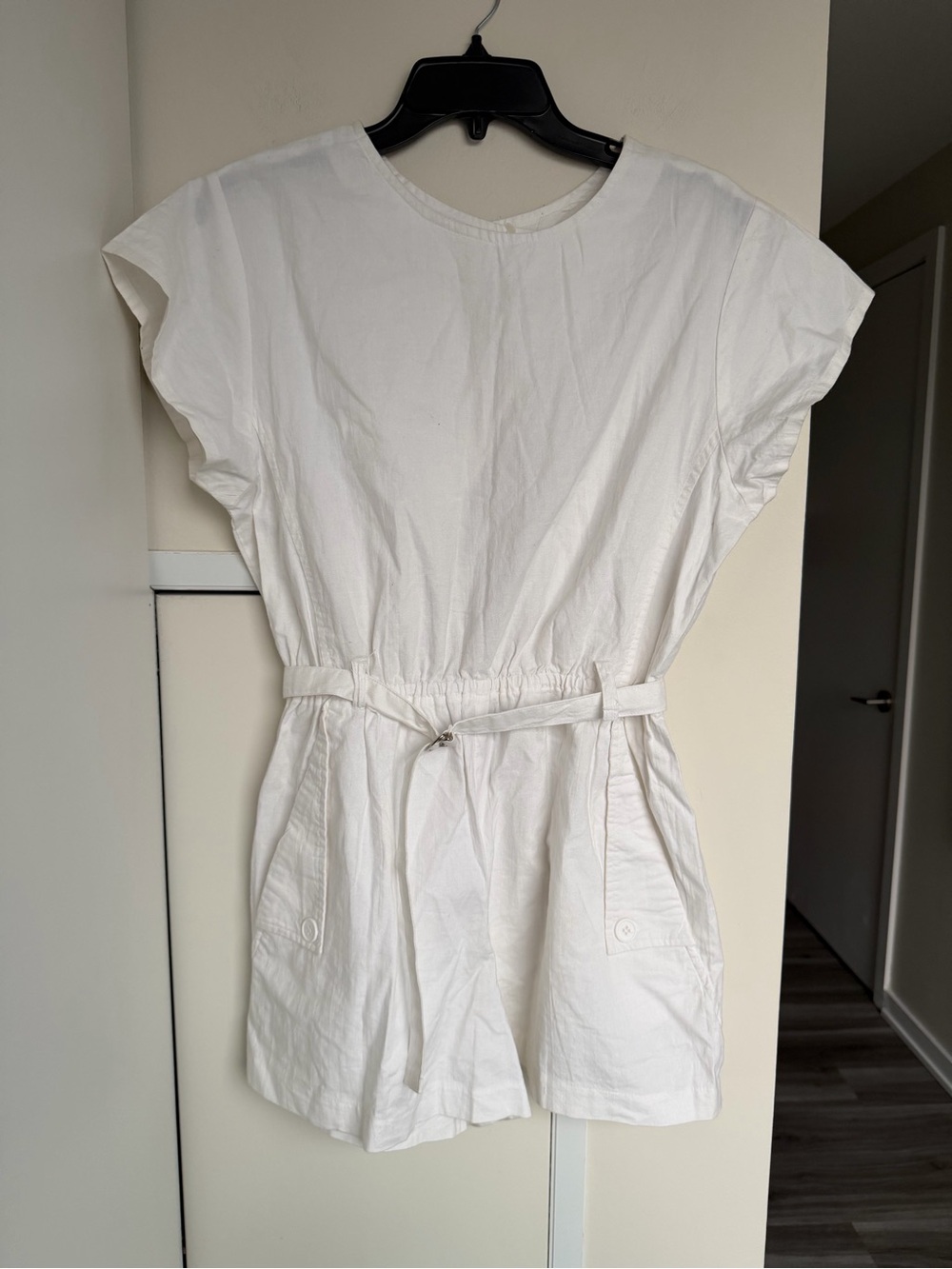 EGO Vintage ($130) 100% Cotton White Belted Utility Romper SzL Summer Minimalist - Picture 3 of 15